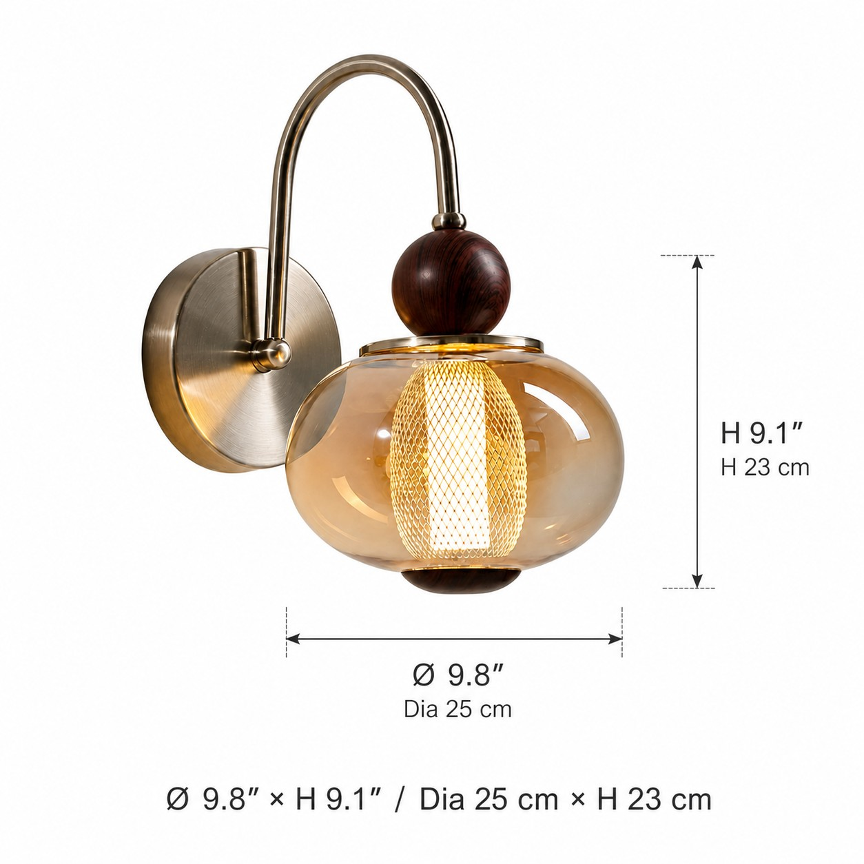 Wall lamp dimensions: 25 cm diameter and 23 cm high