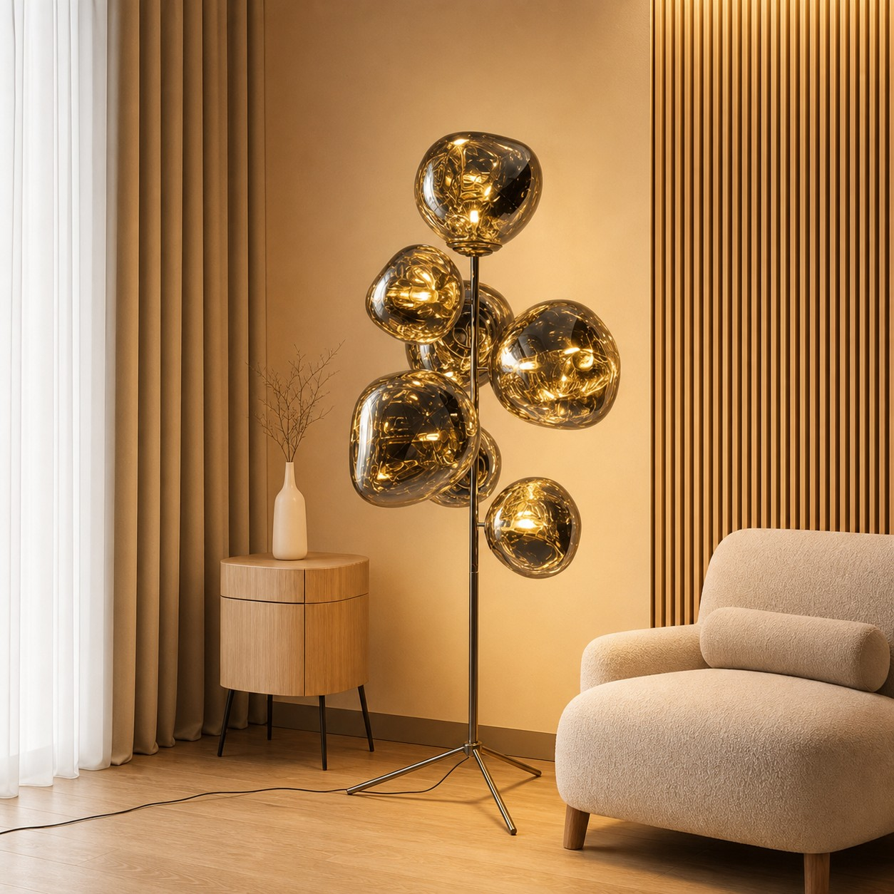 Seven-head floor lamp glowing beside an upholstered chair