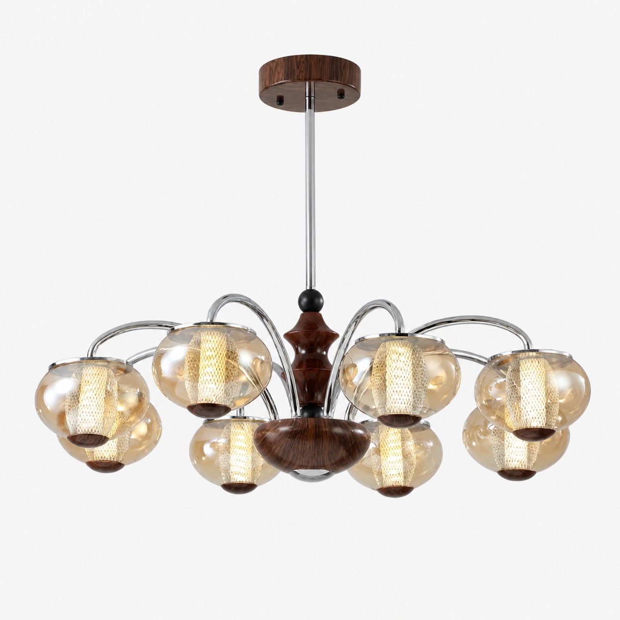 Eight-head walnut and amber glass chandelier