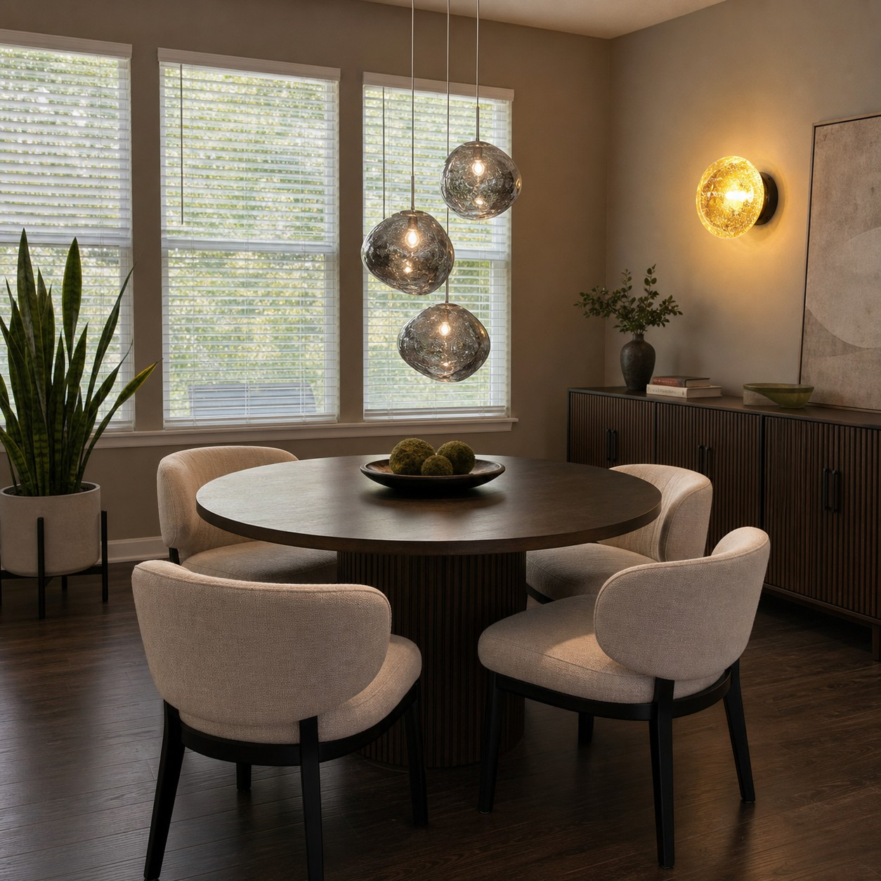Amber crystal globe wall lamp beside a dining area