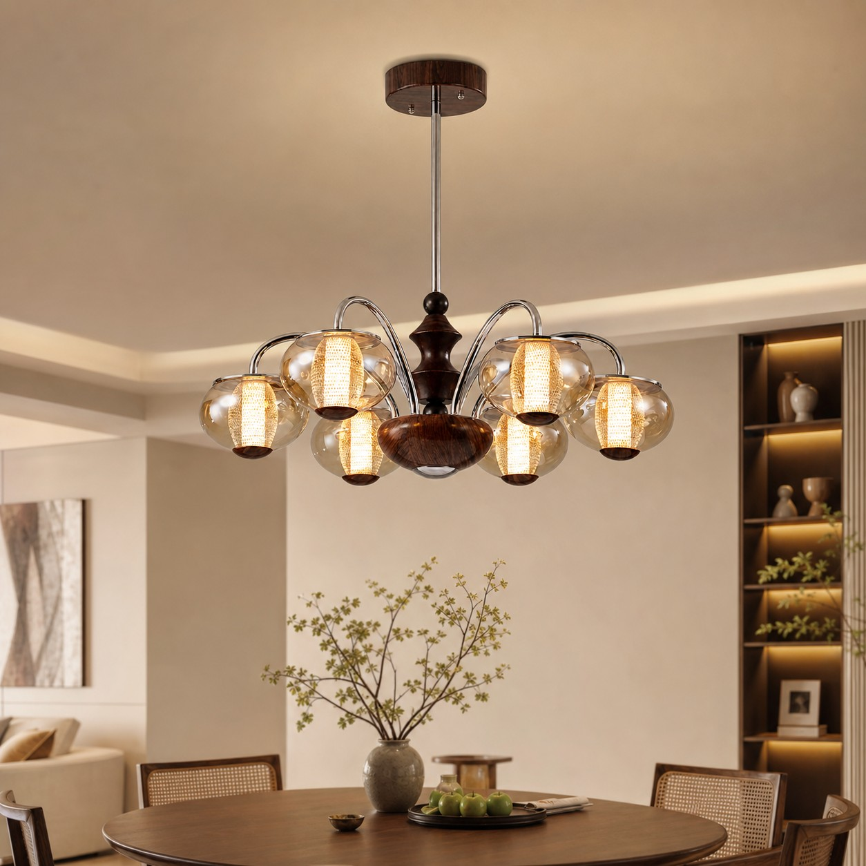 Six-head chandelier above a round dining table