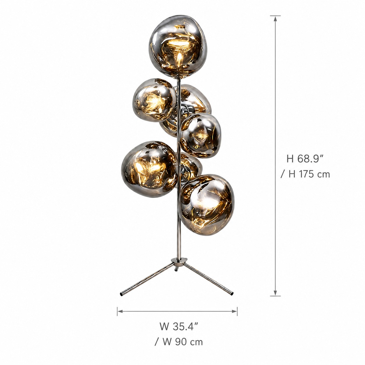 Melt Mirror Globe floor lamp dimensions showing 90 centimeter width and 175 centimeter height