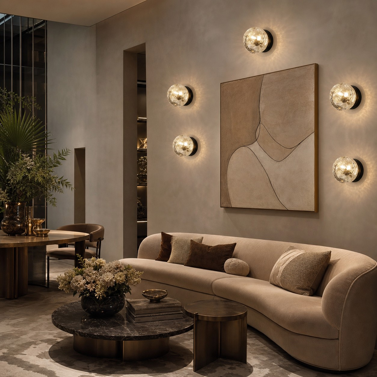 Clear crystal globe wall lamps in a living room