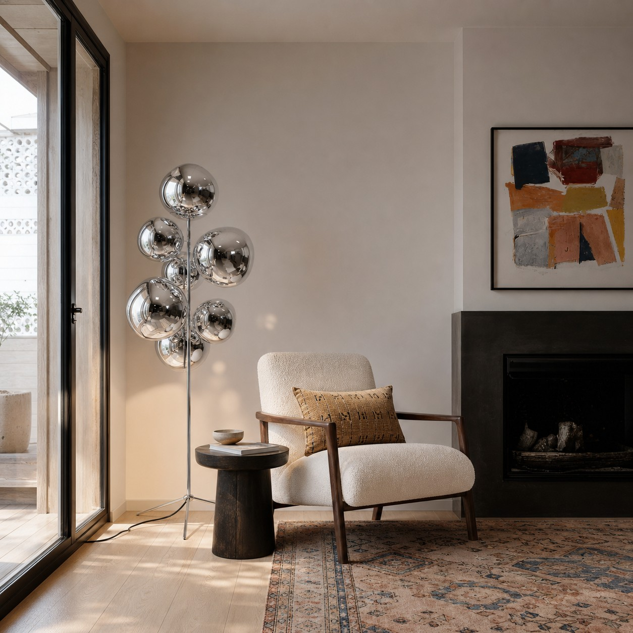 Chrome mirrored globe floor lamp beside a lounge chair