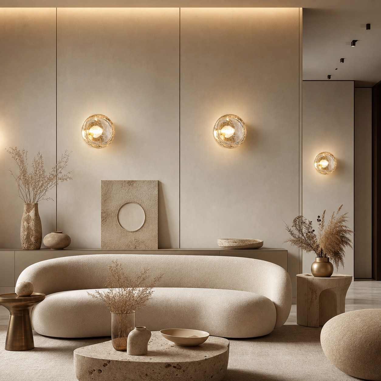 Amber crystal globe wall lamps in a modern living room