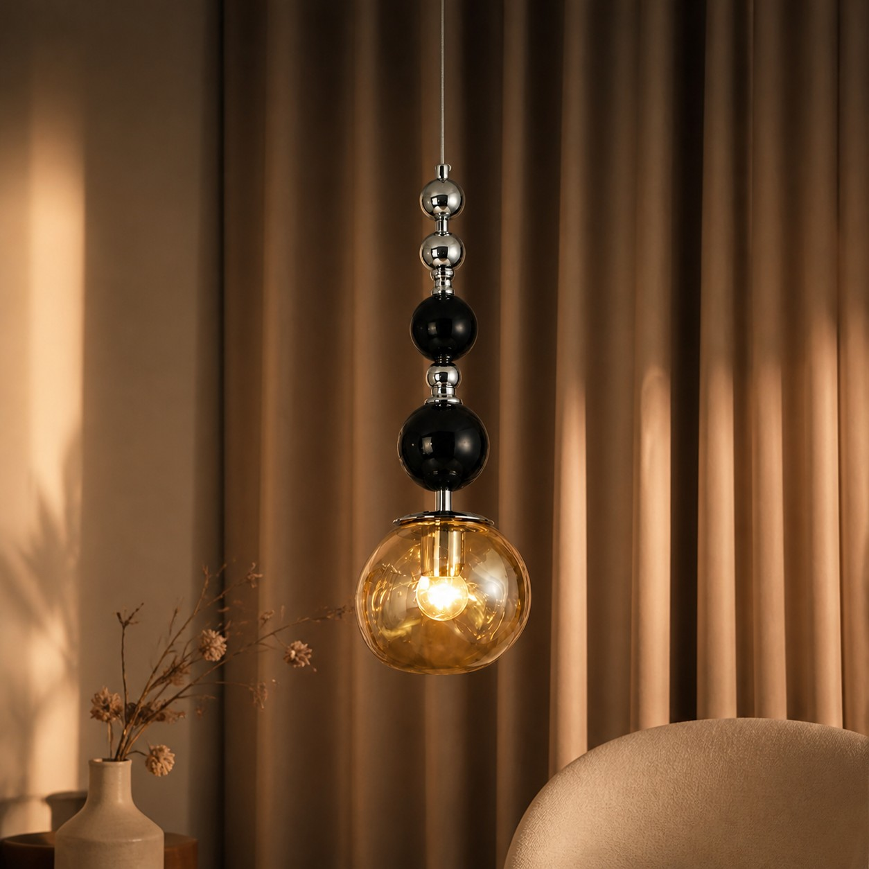 Amber glass pendant in a warm dining interior