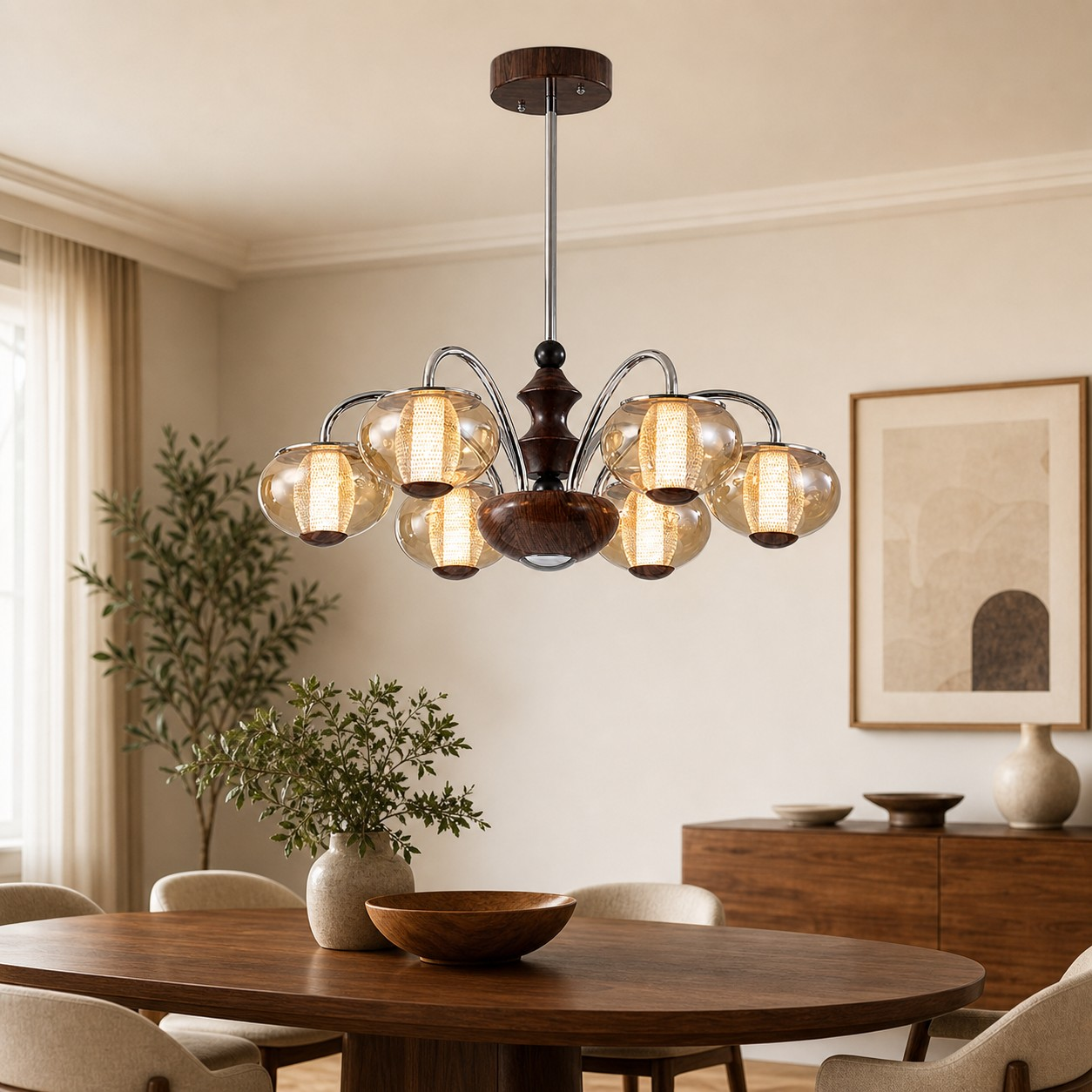 Six-head chandelier in a warm wood dining room