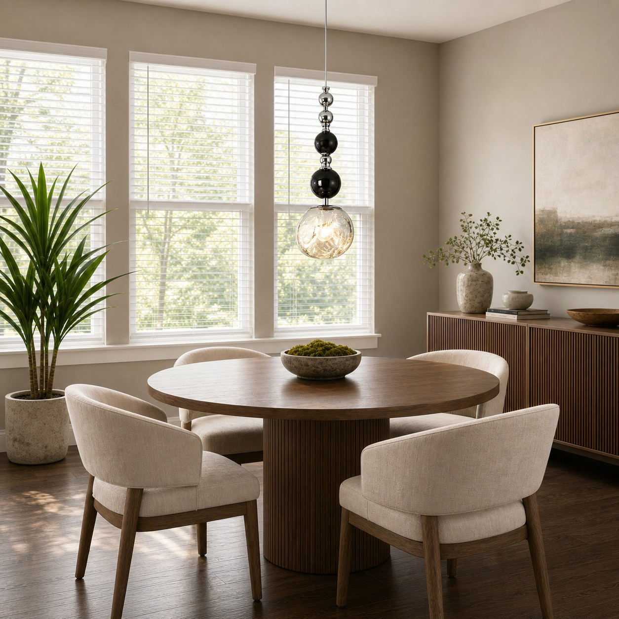 Chrome glass pendant in a bright dining room
