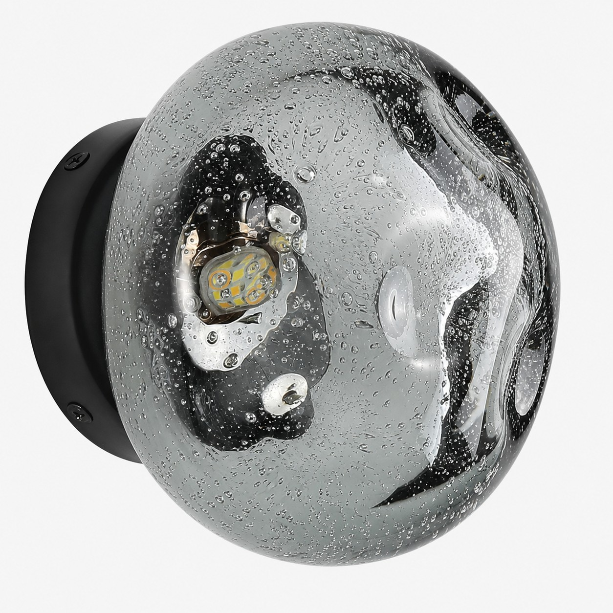 Smoke gray bubble crystal and black metal mount detail