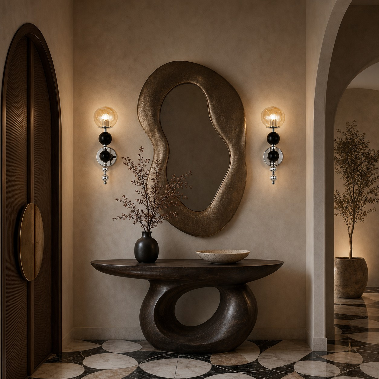 Amber stacked orb wall lamps around an entry mirror