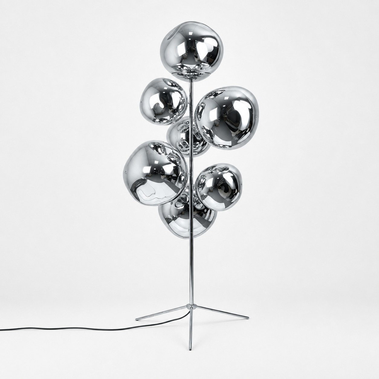 Chrome seven-head mirrored globe floor lamp
