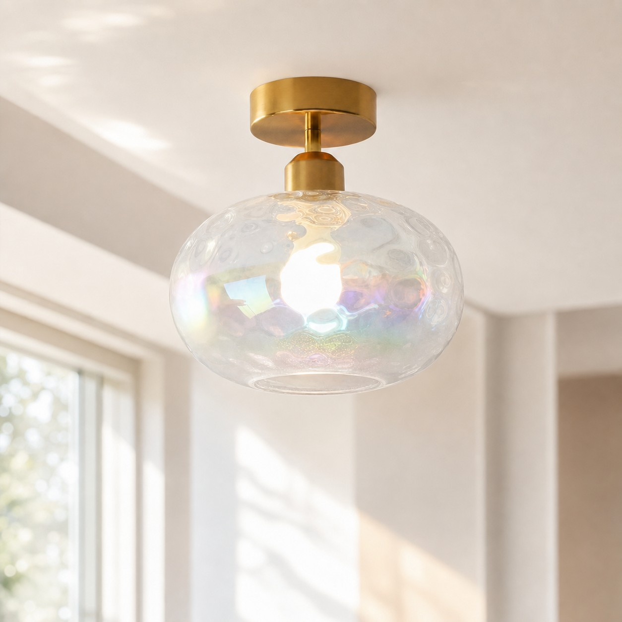 Iridescent glass ceiling light in a living room