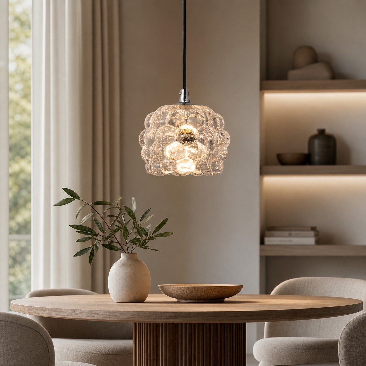 Clear grape glass pendant above a modern dining table