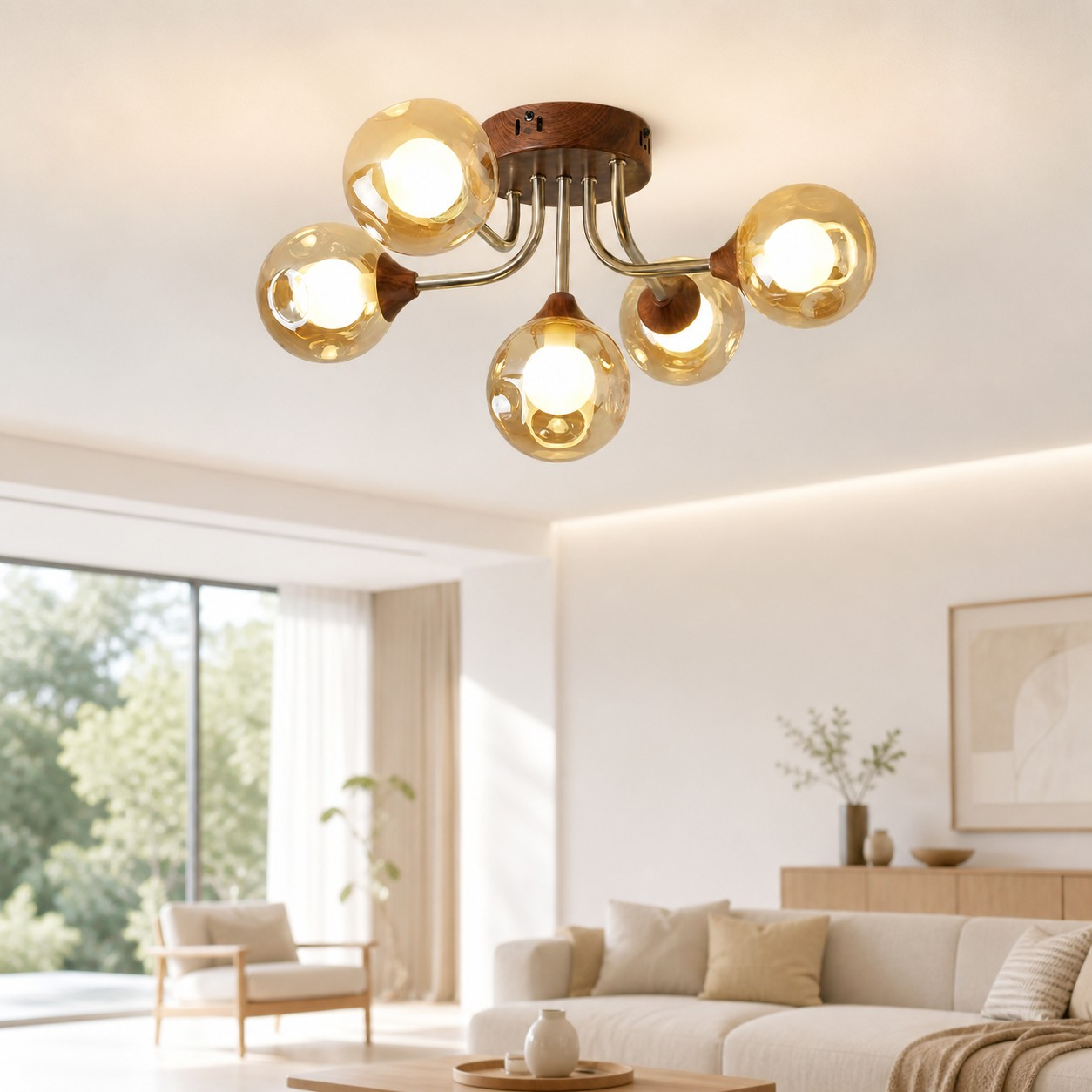 Five-head amber globe ceiling light in a living room