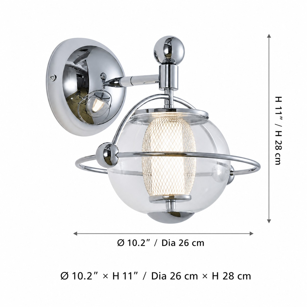 Dimensiones de la lámpara de pared: 26 cm de diámetro y 28 cm de altura.