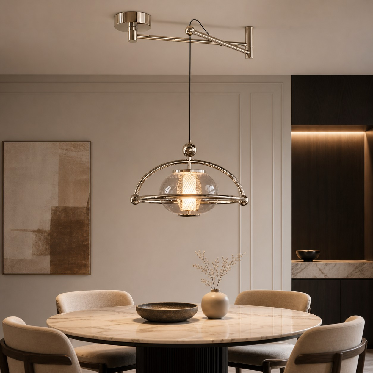 Illuminated orbital pendant above an evening dining setting