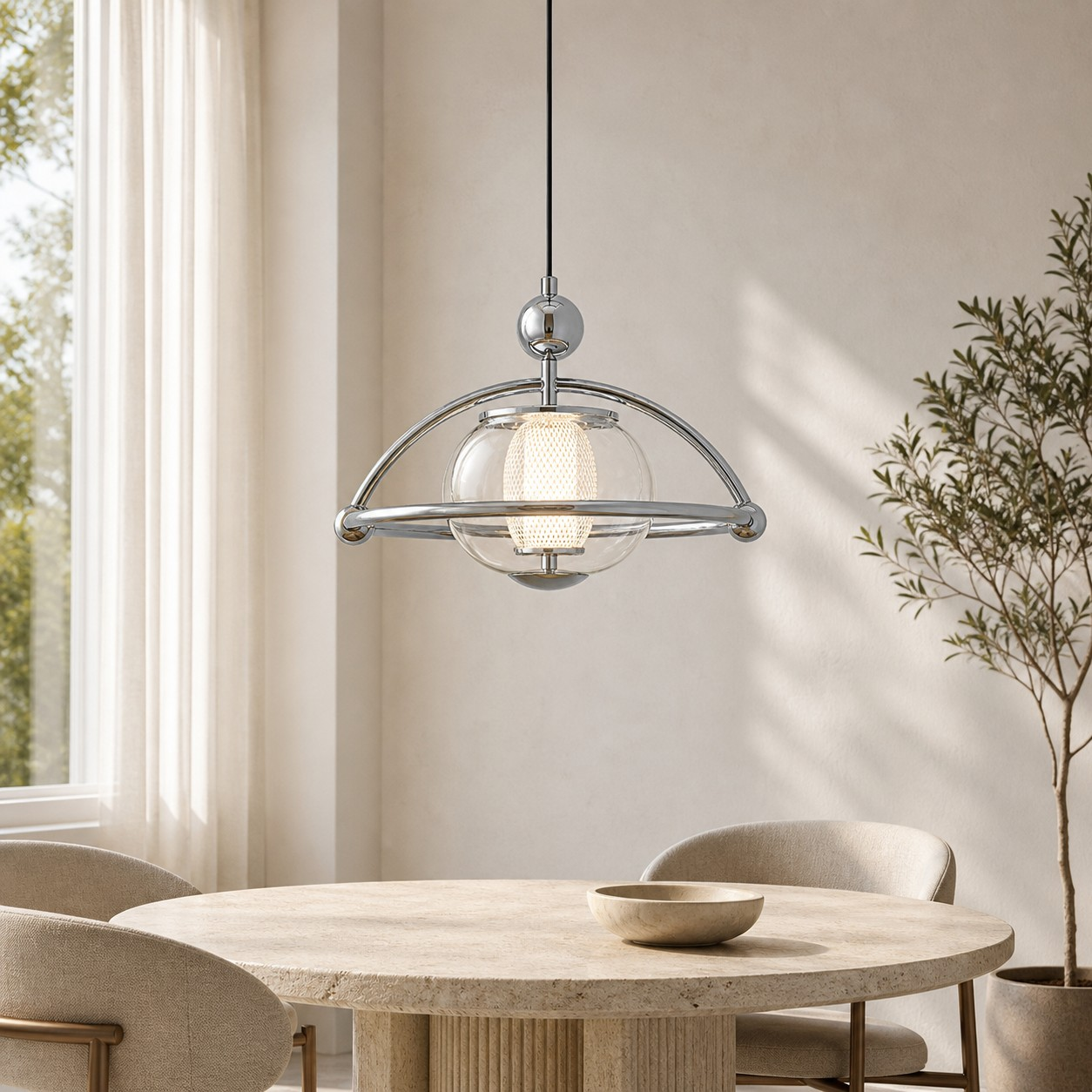Orbital pendant lighting a neutral dining area