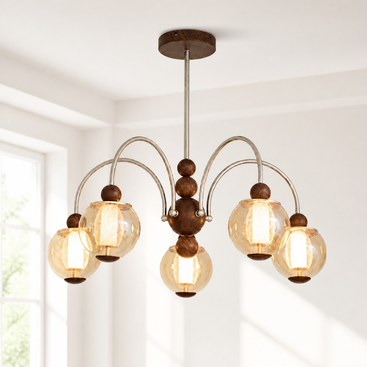 Five-head amber globe pendant in a bright room
