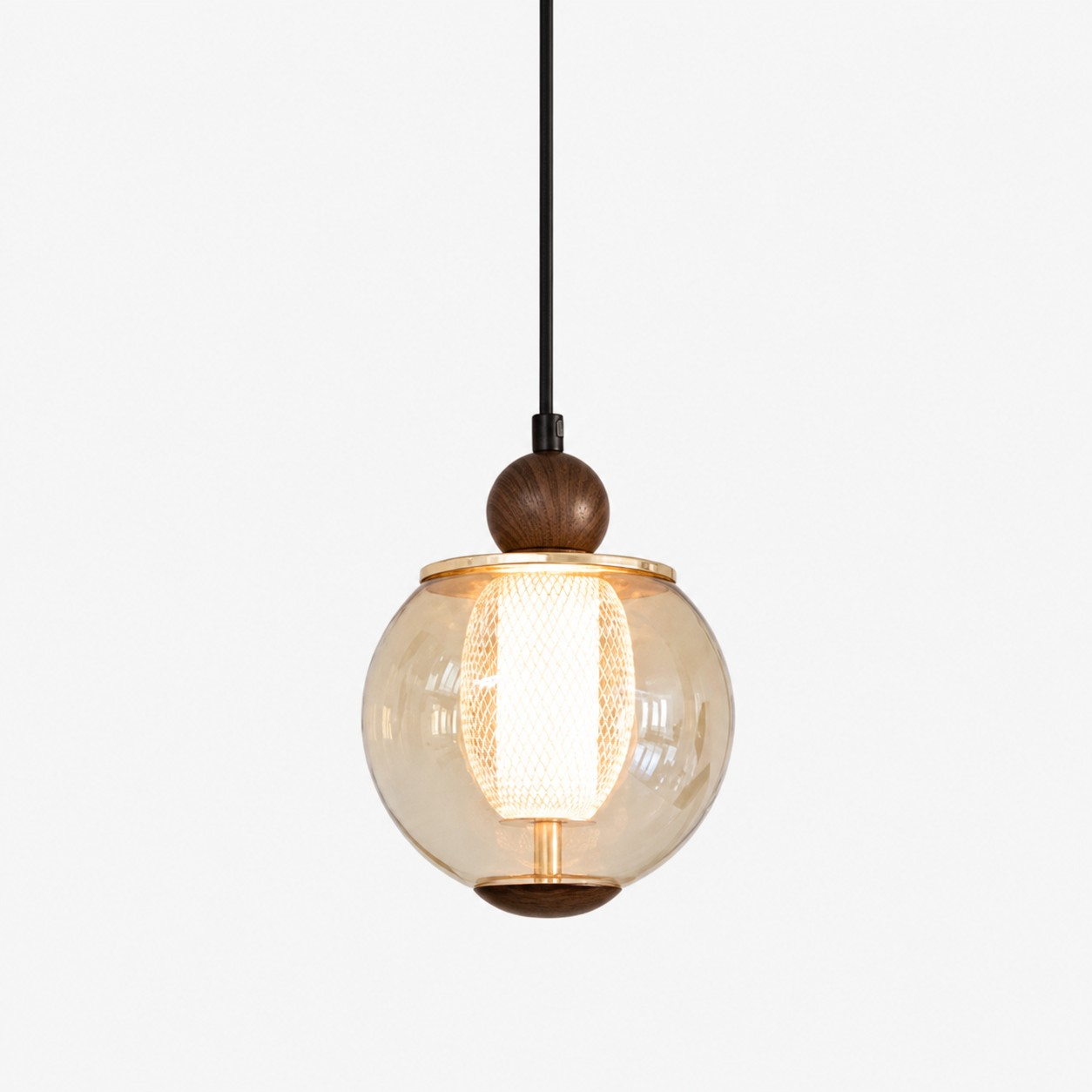 Single-head amber glass globe pendant with walnut accent