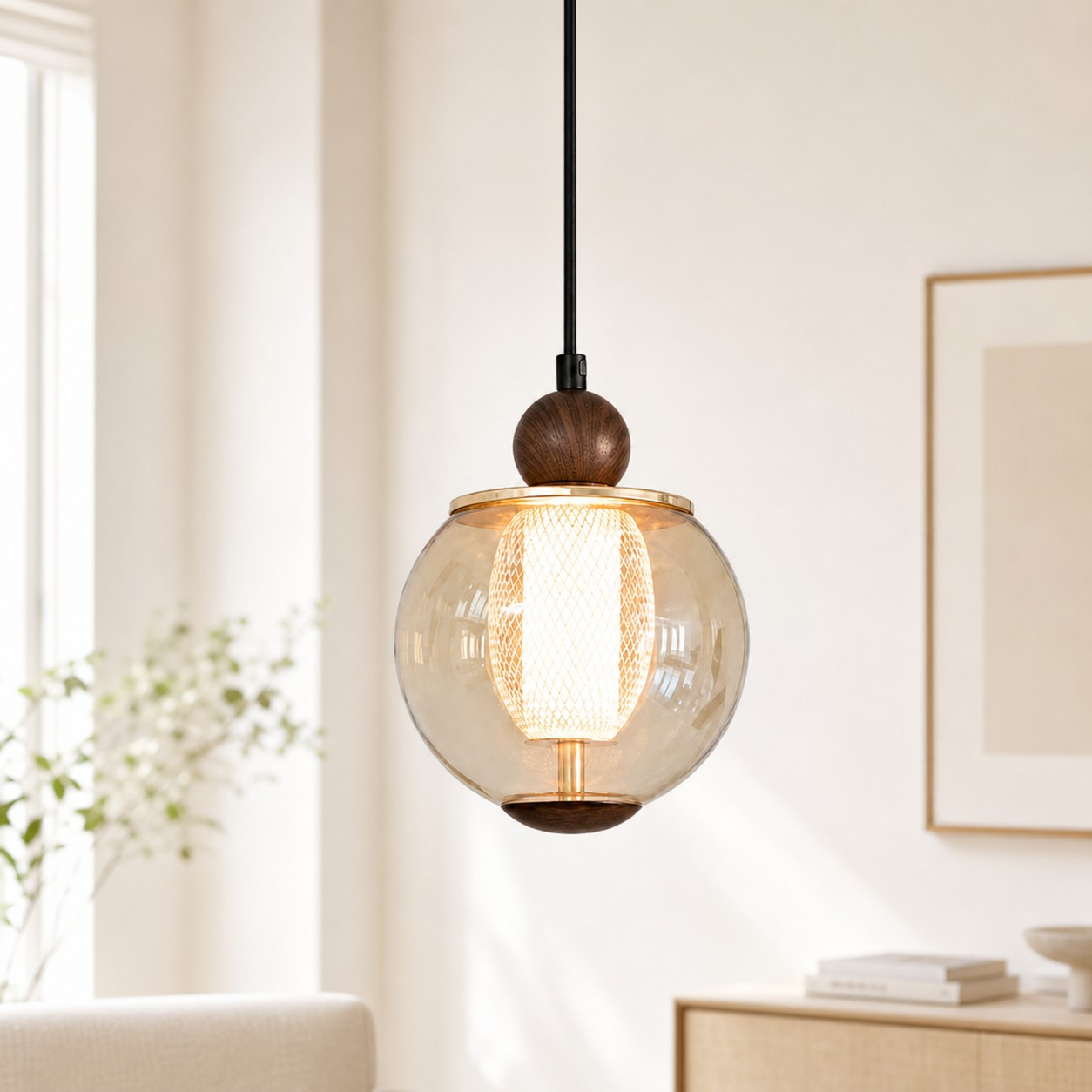 Single-head amber globe pendant in a bright interior