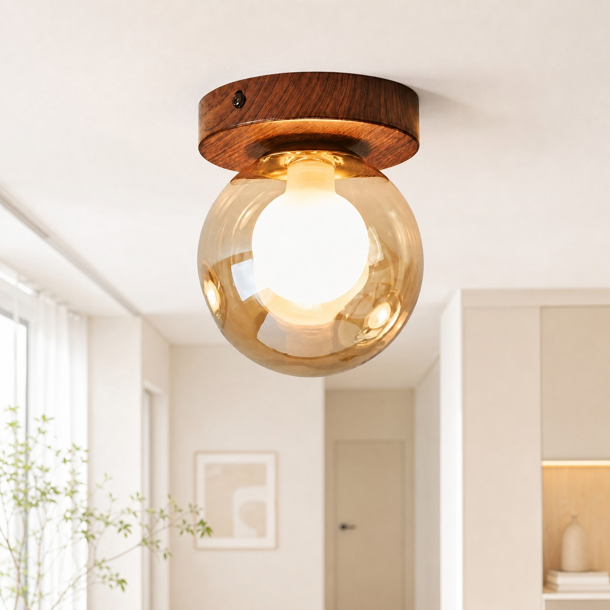 Amber globe wall light in an entryway
