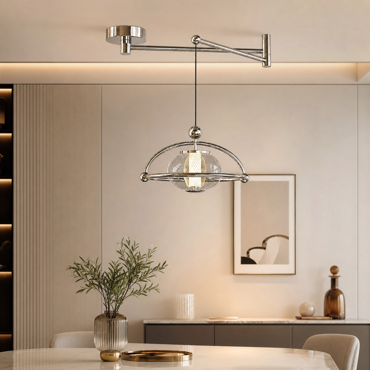 Adjustable chrome pendant above a warm modern dining table