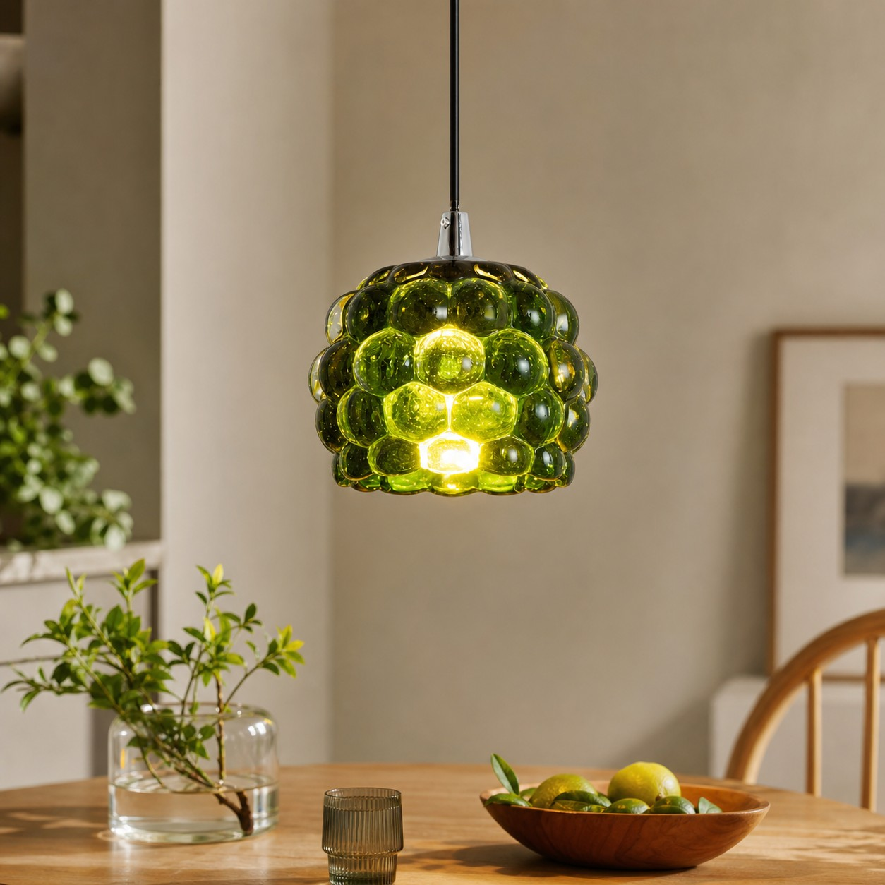 Green grape glass pendant in a bright breakfast room