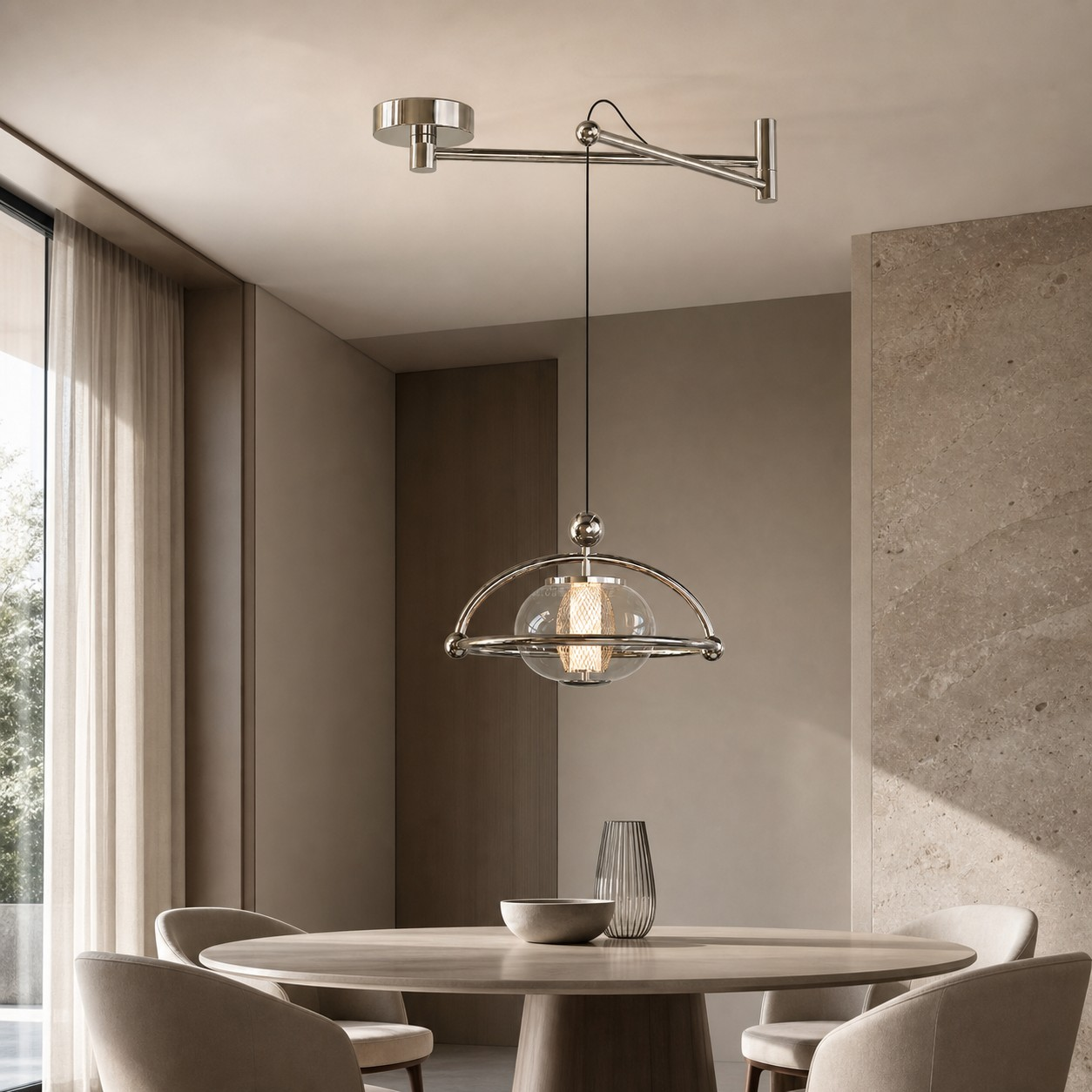 Swing-arm glass pendant above a stone dining table