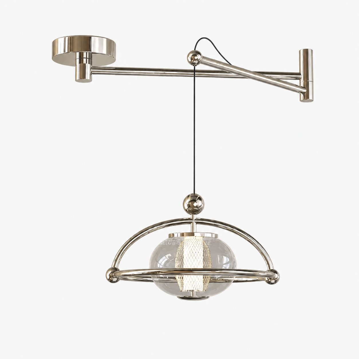 Chrome adjustable-arm orbital glass pendant light