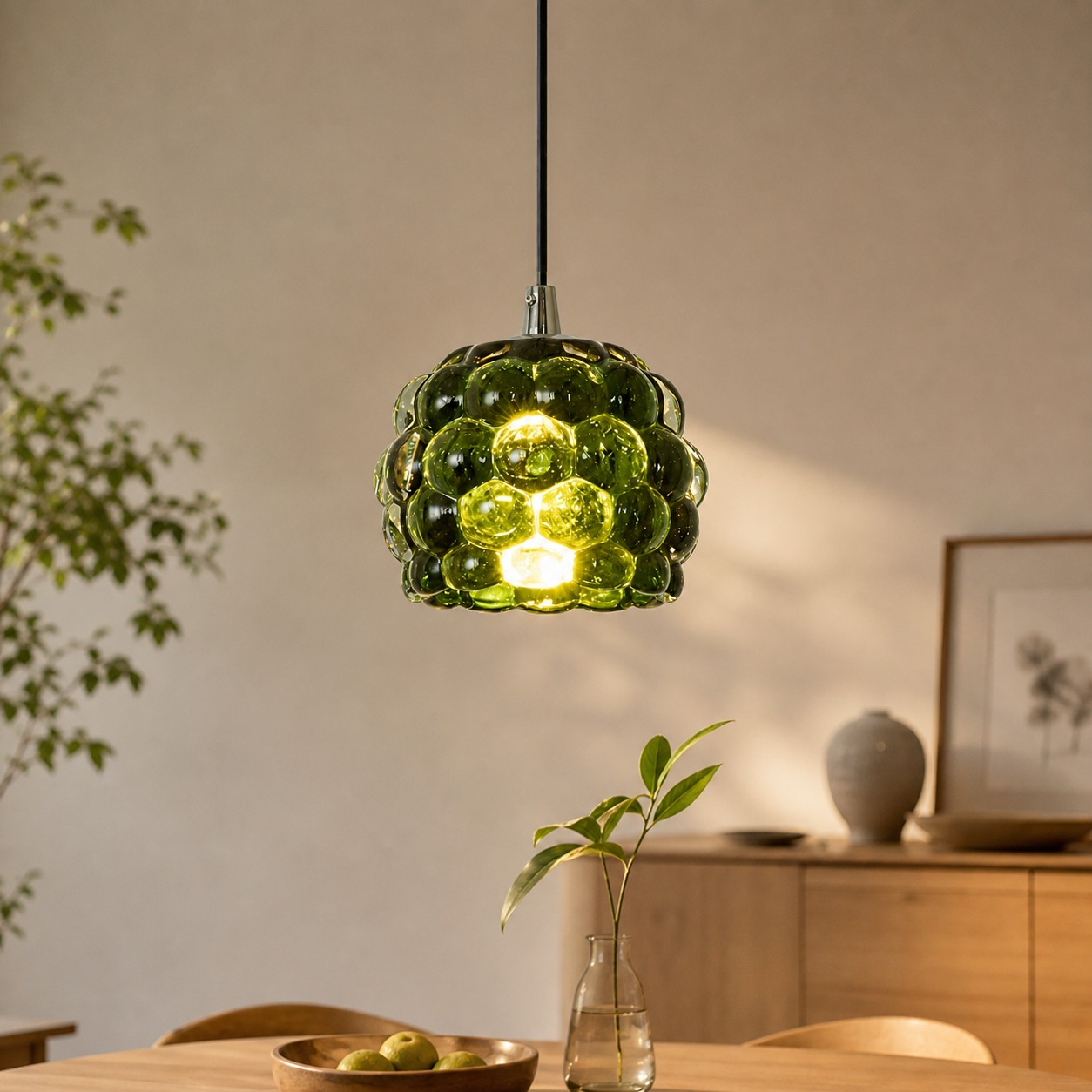 Green grape glass pendant above a dining table