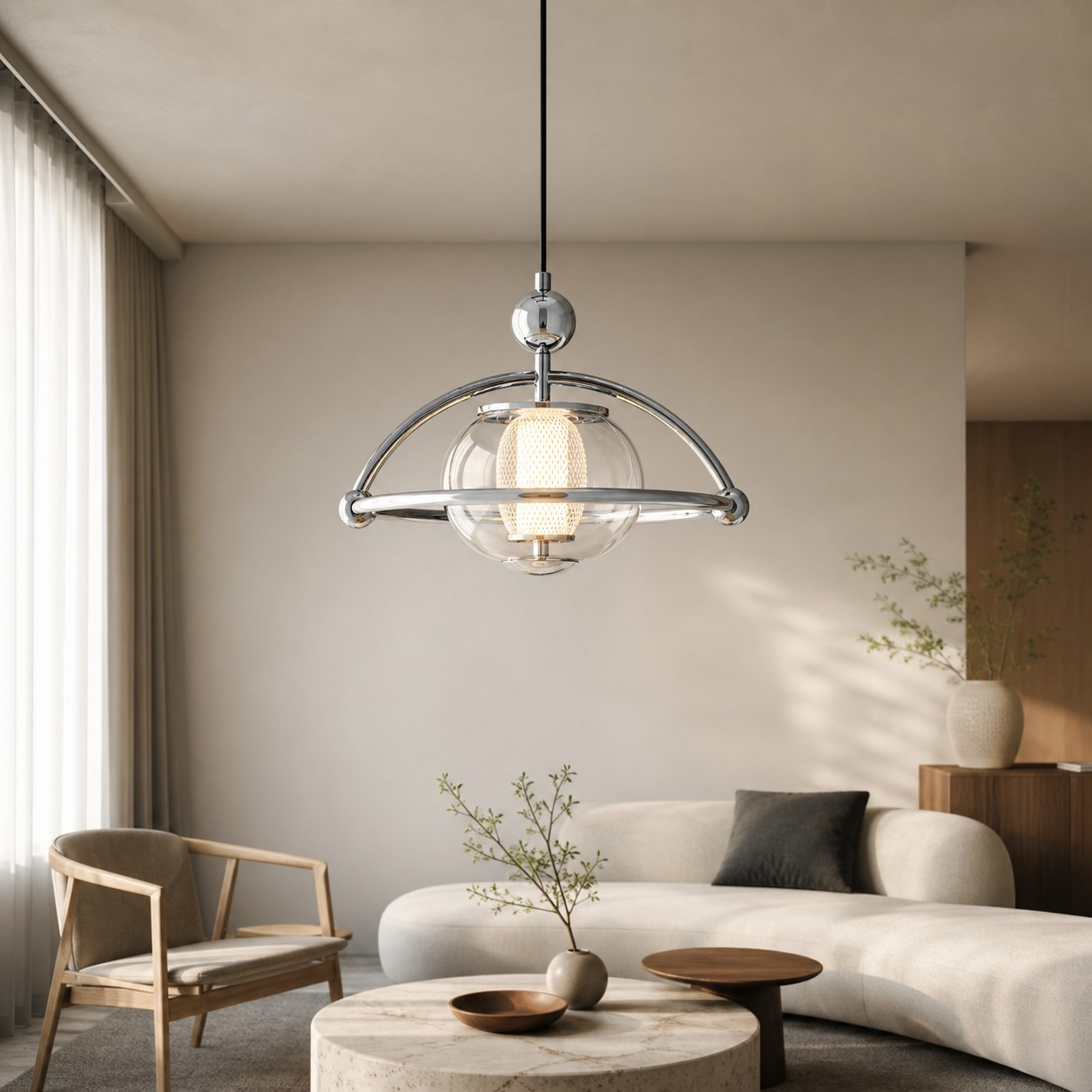Chrome orbital pendant light in a modern living room