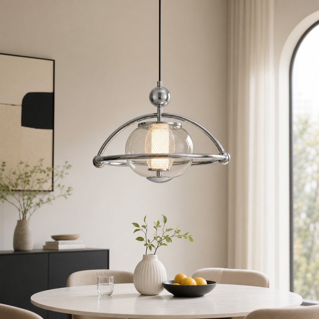 Chrome glass pendant above a dining table near an arched window