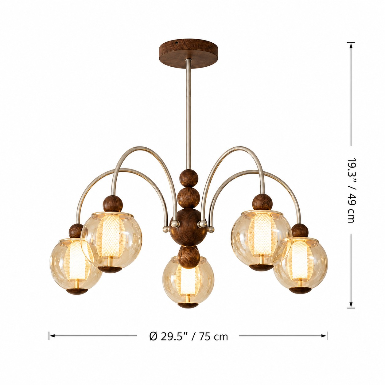 Five-head pendant dimensions: 29.5 inches diameter and 19.3 inches high