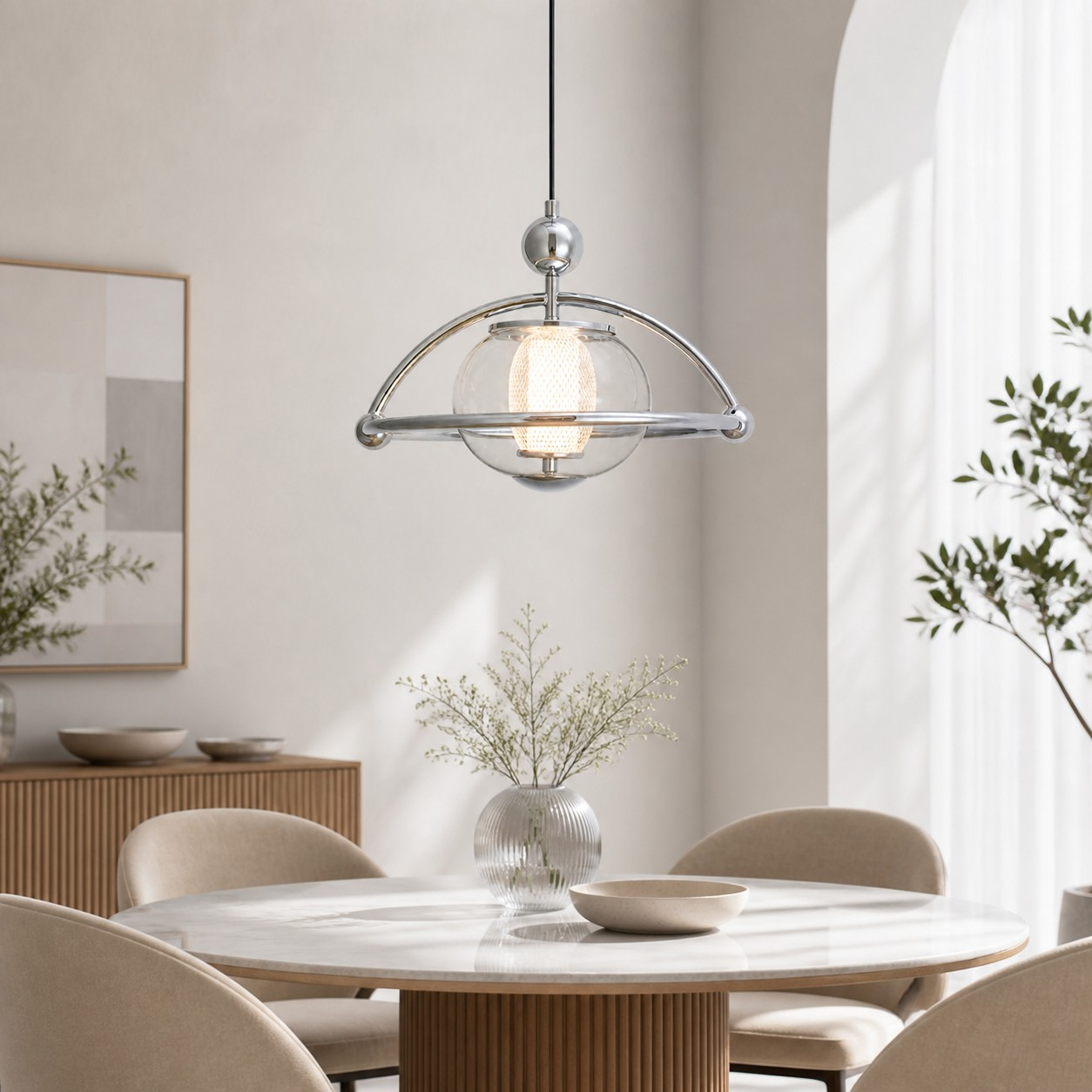 Orbital glass pendant above a bright round dining table