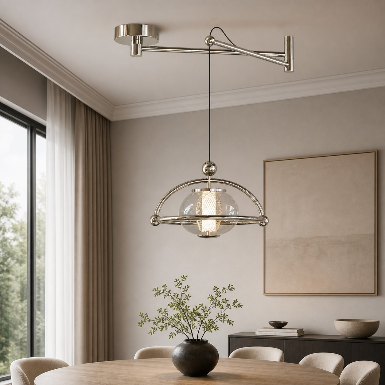 Chrome adjustable pendant in a bright dining room