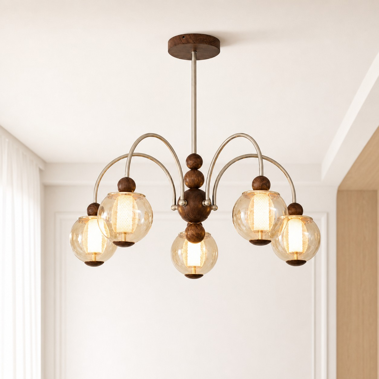 Five-head amber globe pendant in a modern dining room