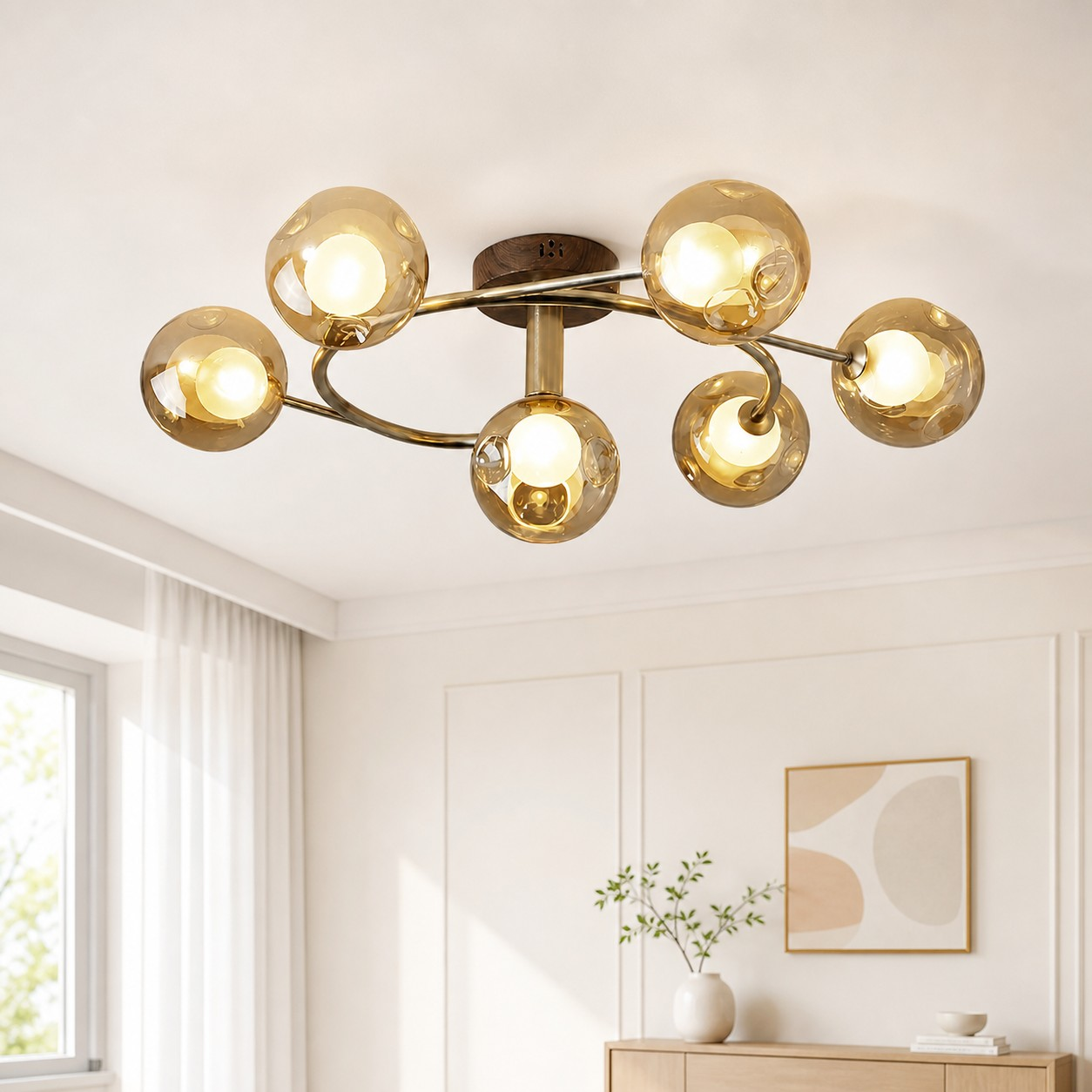 Six-head amber globe ceiling light in a bright living room