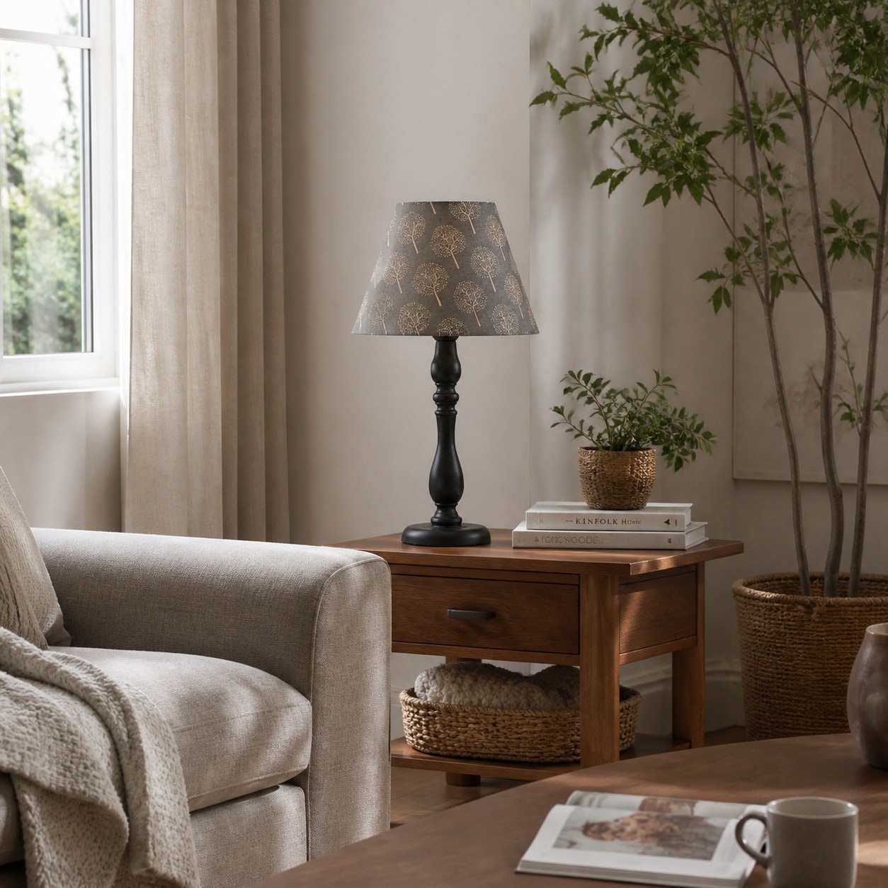 Vintage table lamp on a side table in a living room
