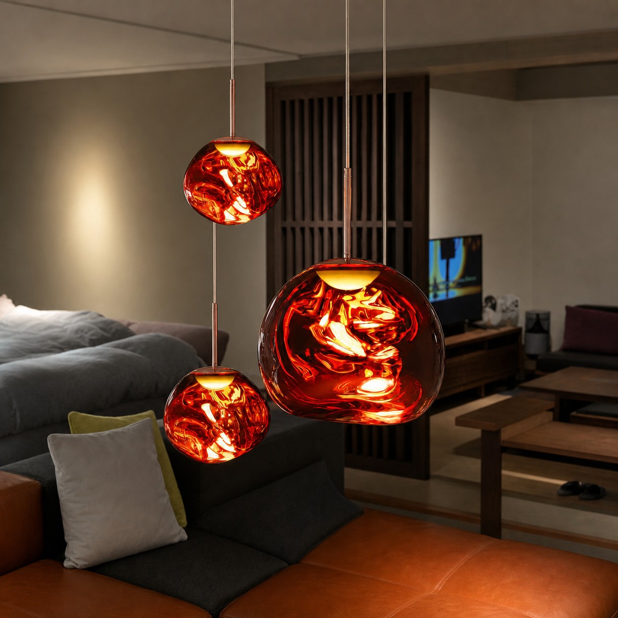 Red three-head chandelier in a living room