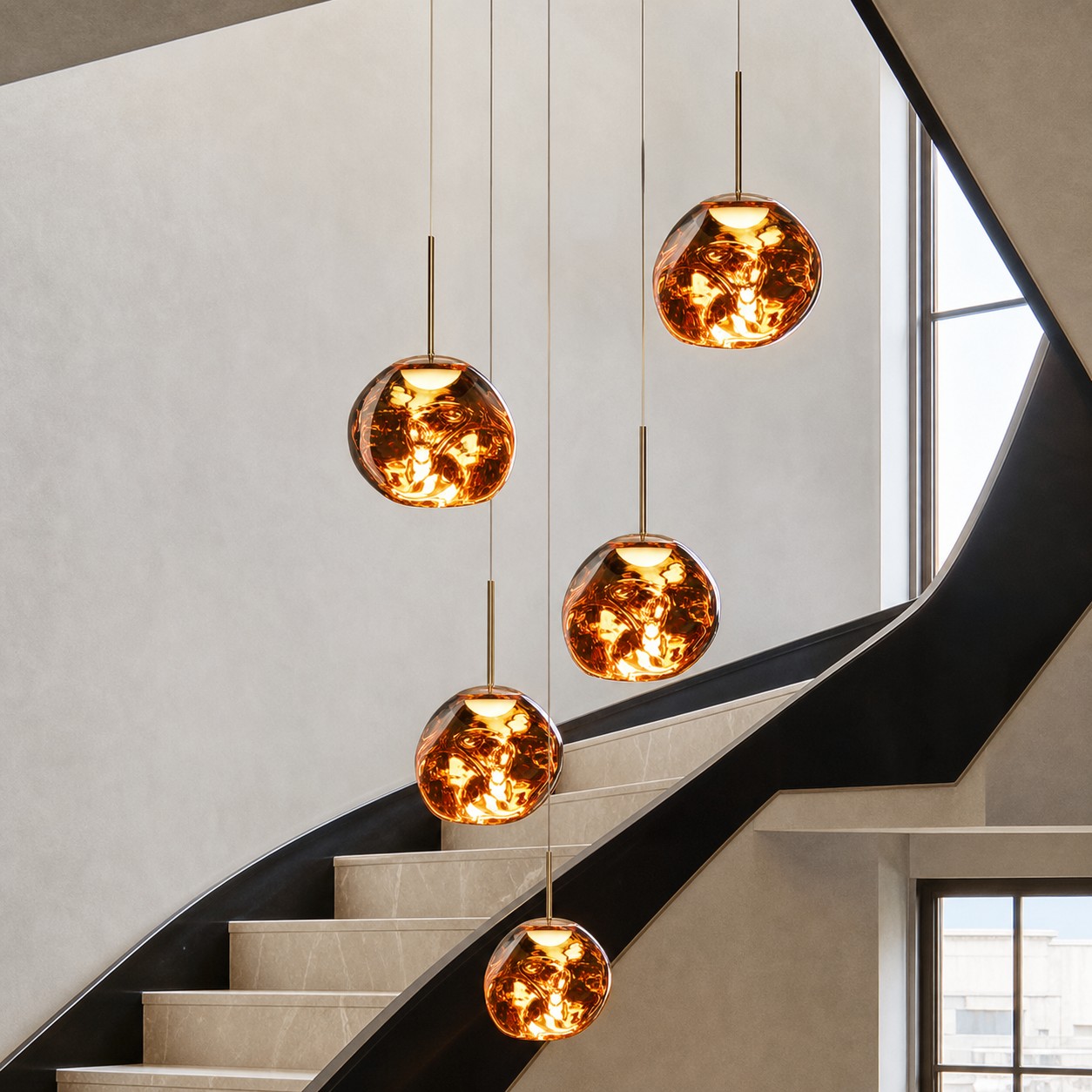 Gold five-head chandelier beside a staircase