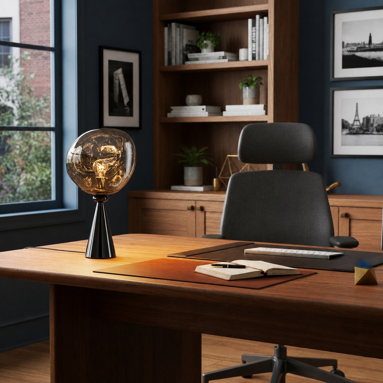 Black and smoke gray Lampa stolowa Lava Cone on a side table