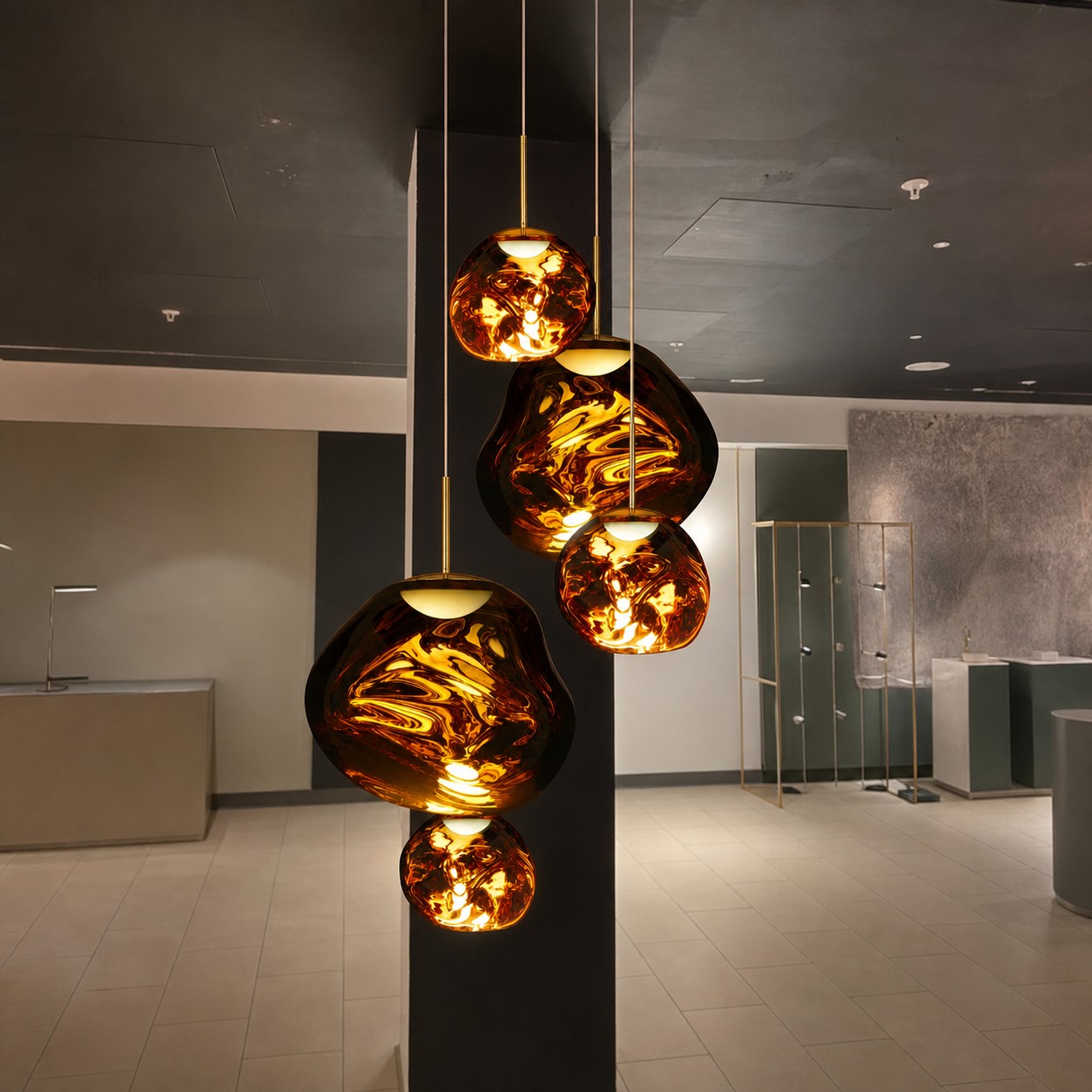 Five-head chandelier installed beside windows