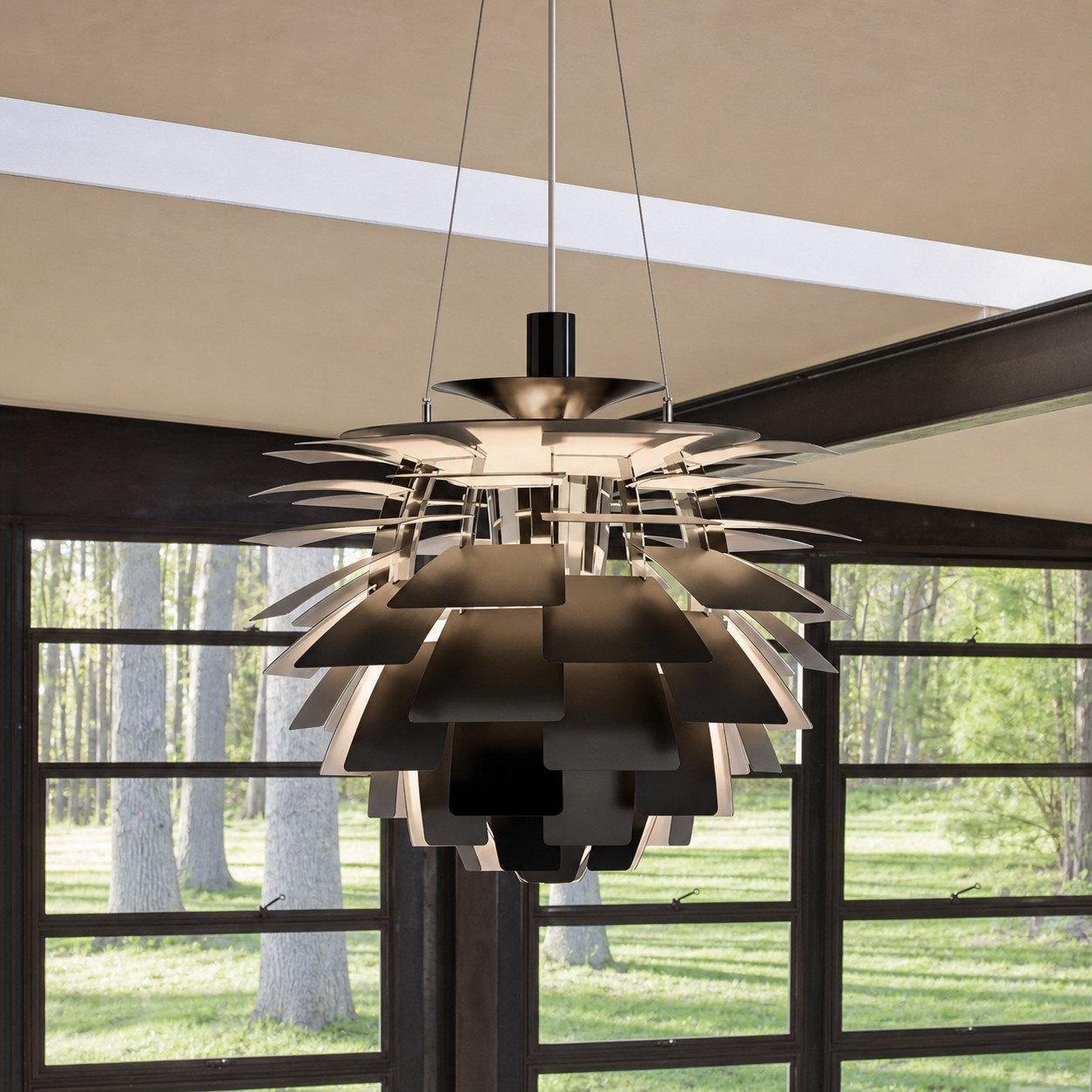 PH Artichoke pendant in a hallway