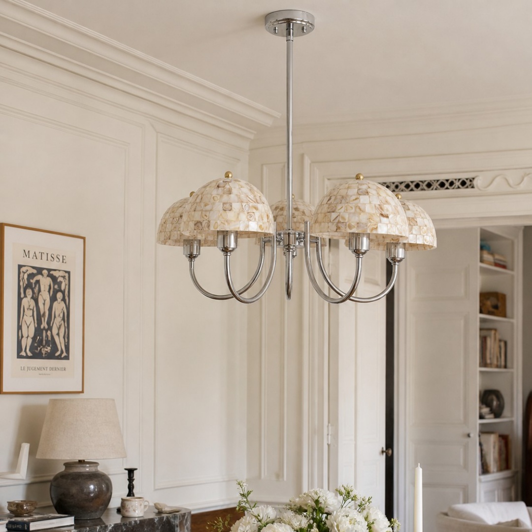 Beige shell five-light chandelier installed in an elegant dining room