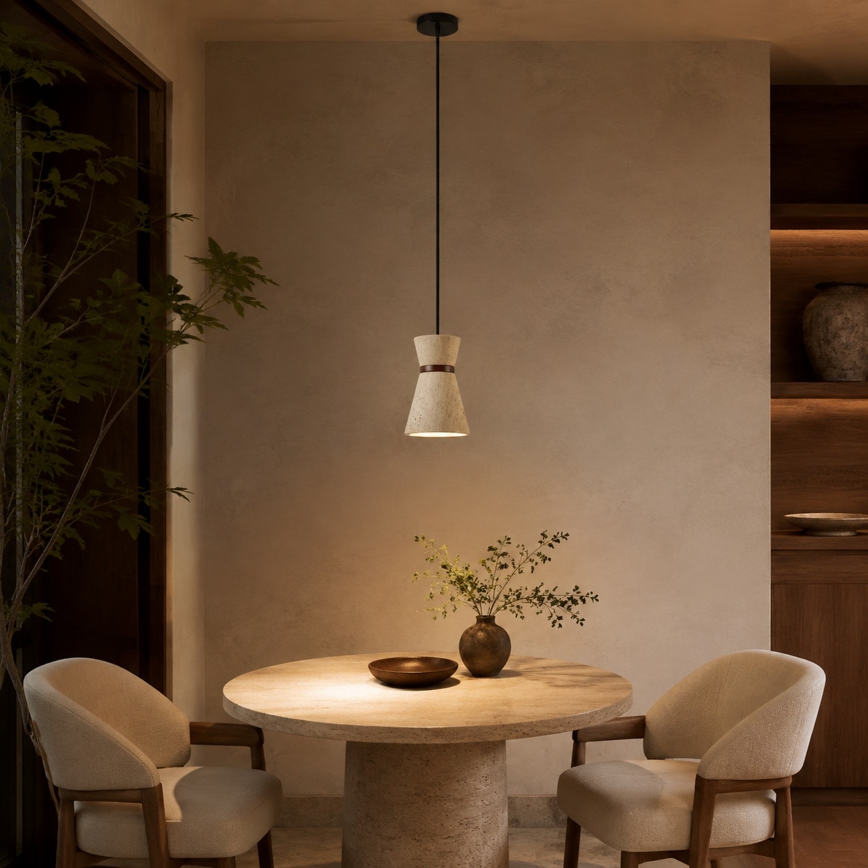 Single travertine pendant light above a round dining table