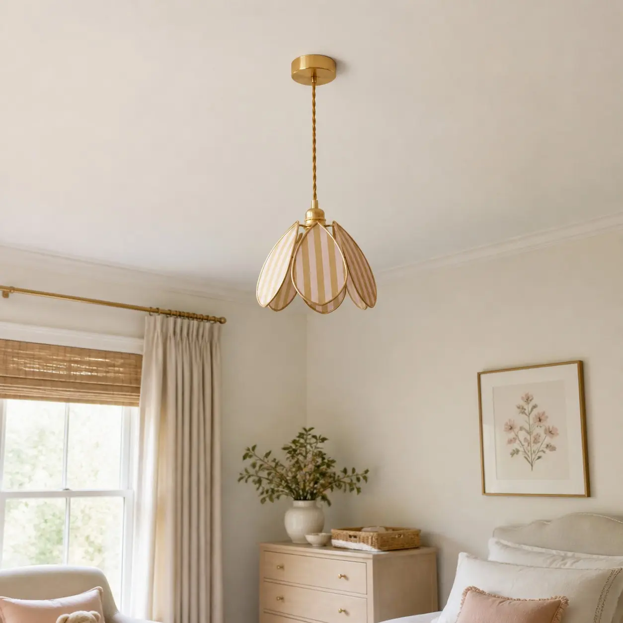 Yellow striped pendant light in a softly styled bedroom