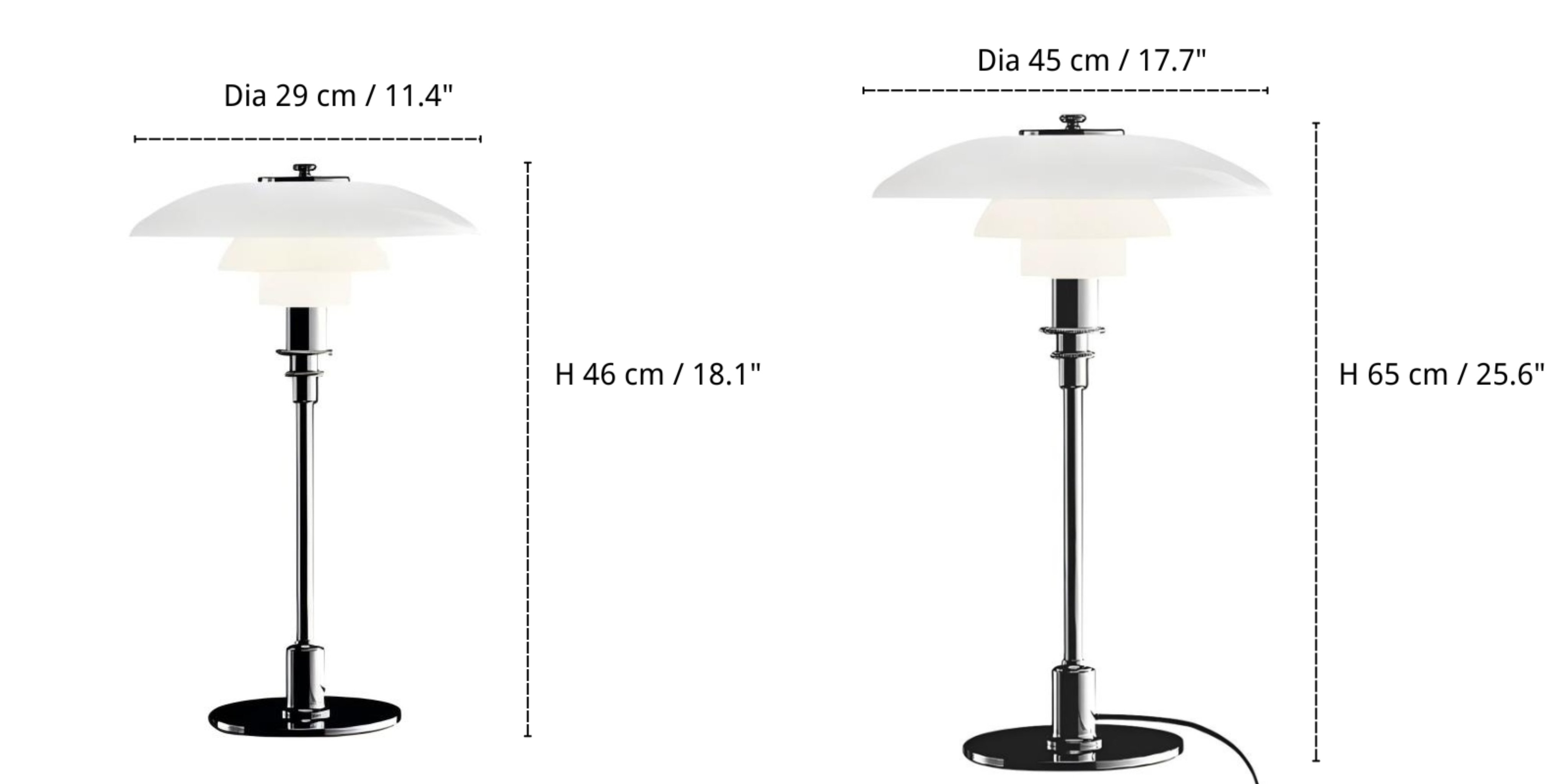 PH 3/2 table lamp dimensions for 29 cm and 45 cm diameters
