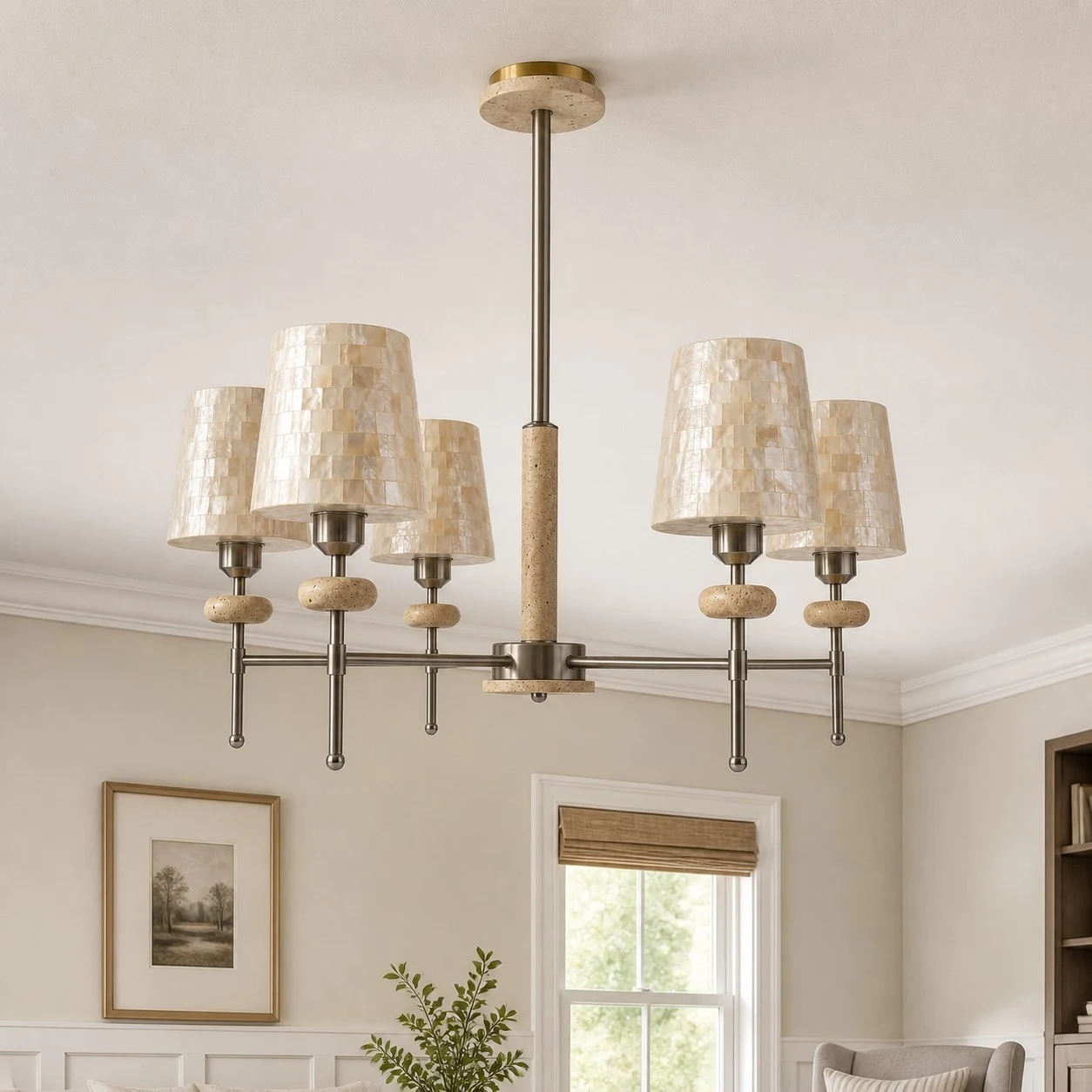 Five-light chandelier installed at true scale in a bright room