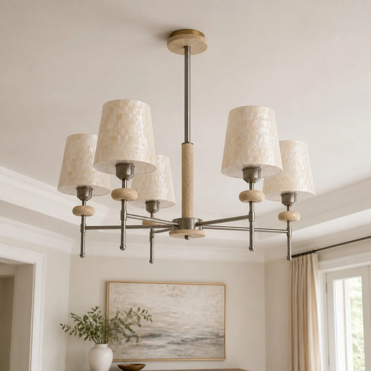 White shell mosaic chandelier in a calm interior