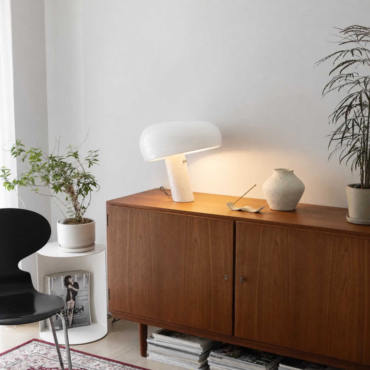 Complete white Mushroom Marble table lamp on a sideboard